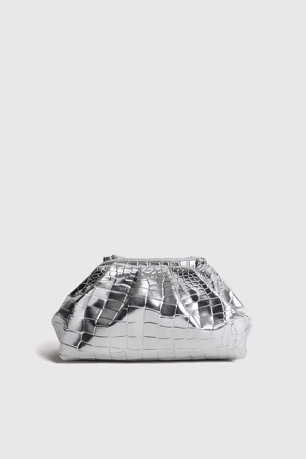 Silver Women's Croco Patterned Metallic Leather Clutch Evening Dress Bag