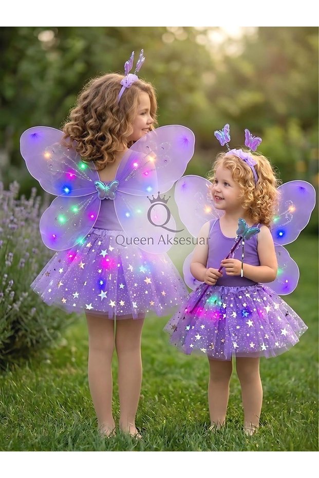 Led Lighted Lilac Purple Butterfly Wings Costume Set with Shiny Starry Tulle Skirt Crown Scepter Birthday Party