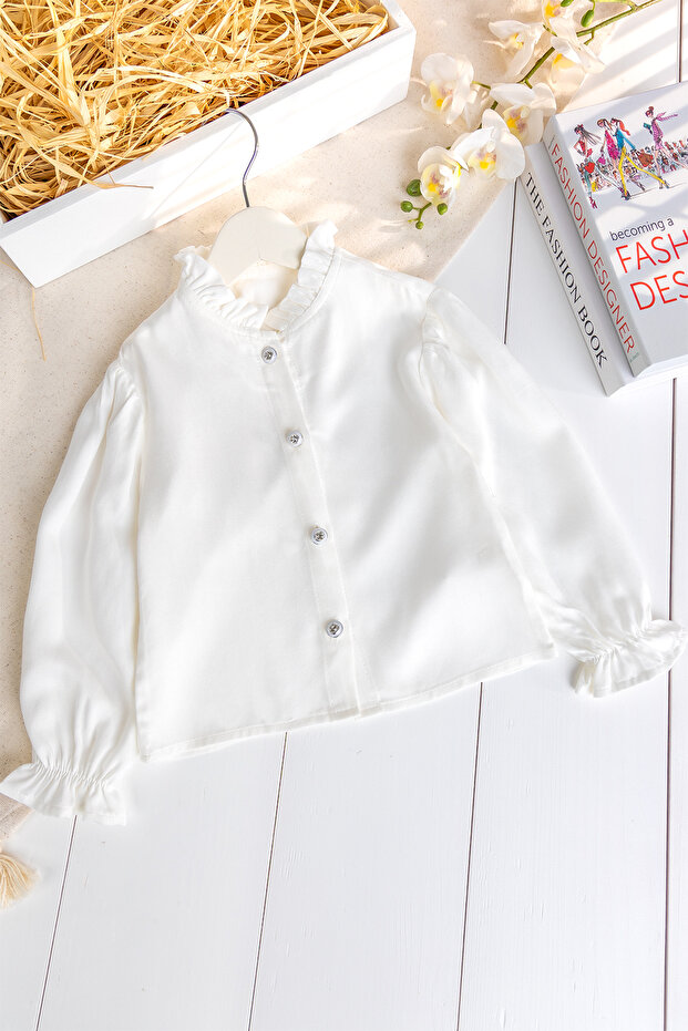 Stone-Embellished Button-Detail Girls' Shirt Ecru