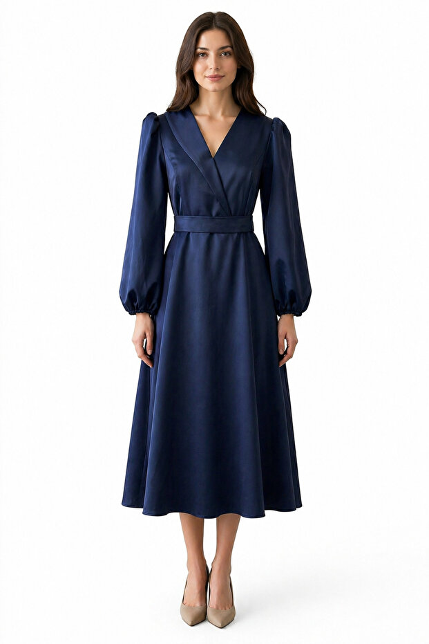 Satin Maxi Length Flared Skirt Belted Dress Evening Dress