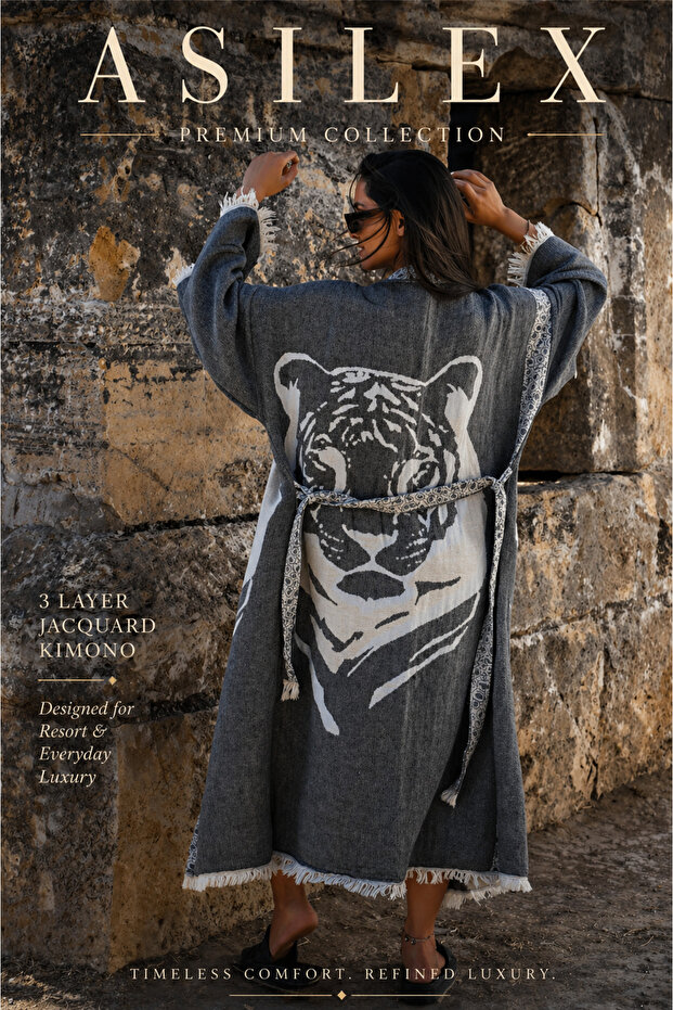 3 Layer Tiger Pattern Jacquard Kimono, Premium Oversize Women's Kimono, Soft Textured, Beach and Daily Use