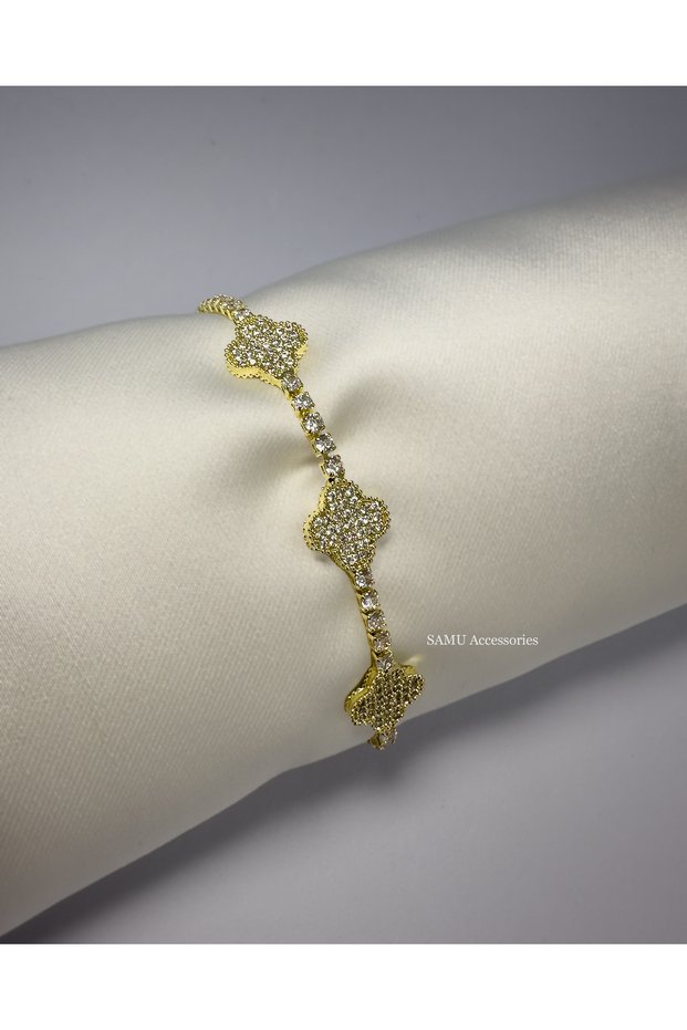 3 Yoncalı Su Yolu Steel Bracelet - Golden Triple Clover Tennis Bracelet