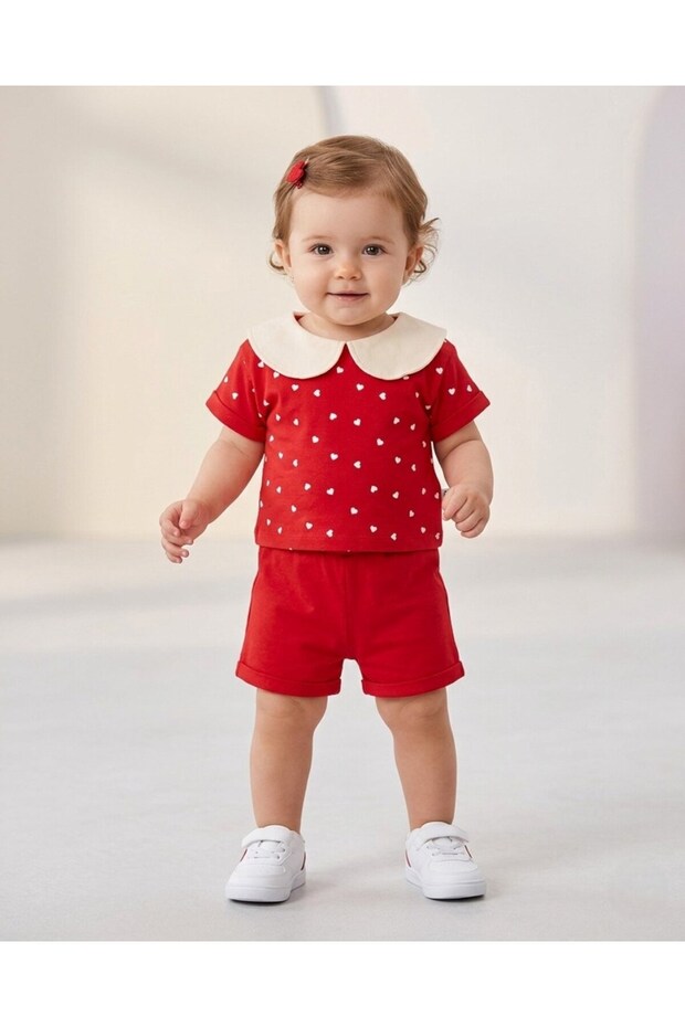 Baby Girl Heart Printed Baby Collar 6-9-12-18-24 Months Stylish Holiday Outfit with Shorts