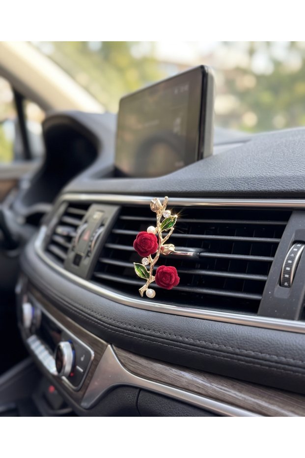 Velvet Rose Detailed Car Interior Air Conditioning Ornament – Luxury Flower Auto Accessory Air Vent Clip with Zircon Stones
