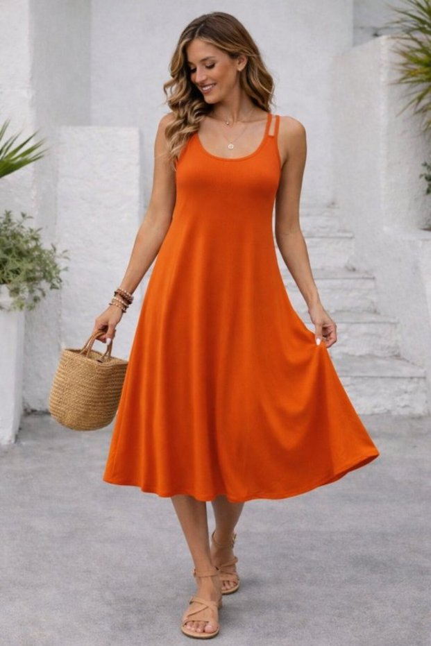 Women's Strappy Round Neck Kiloş Long Viscose Dress