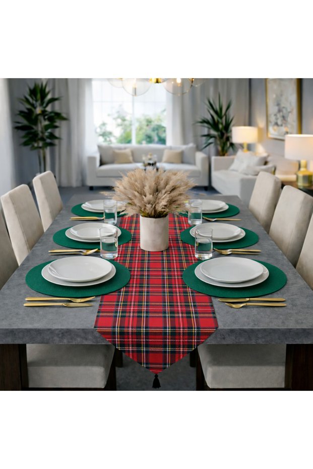American Service, New Season 6-Piece Forest Green Color Plaid Set with Plaid Blanket and Runner Cover2