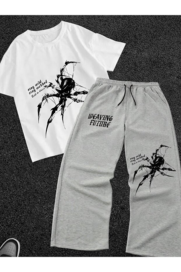 Unisex Women's Men's Spider Print Oversized Tshirt and Baggy Sweatpants - Summer Two-Piece Tracksuit Set