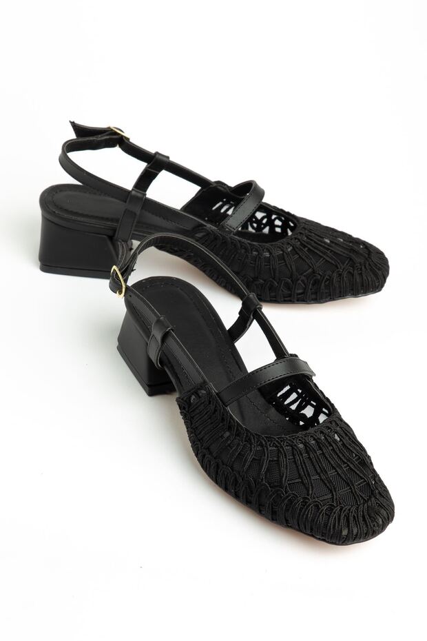 Luna Women's Black Short Thick Heeled Braided Shoes
