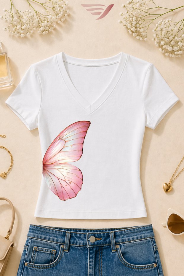 Women's Pink Butterfly Printed Basic Daily Use V-Neck Slim Fit T-Shirt