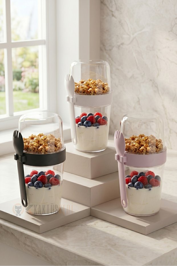 Set of 3 Snack Food Yogurt Muesli Granola Diet Containers with Forks and Spoons - Food Storage Container