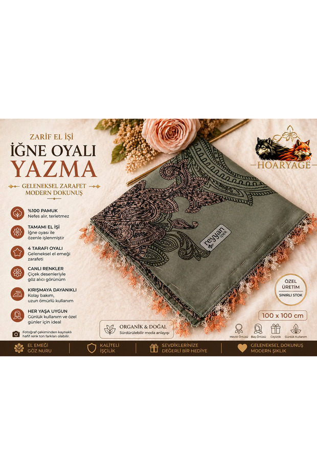 Brand Handcrafted Needle Embroidered Writing 100% Cotton Muslin – 4 Sides Embroidered Elegant Headscarf 100X100 cm