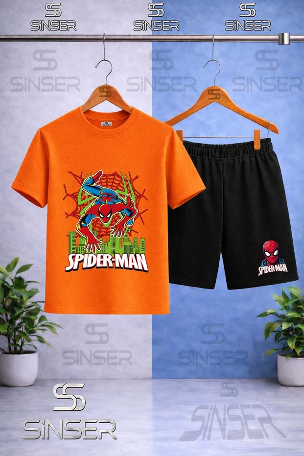 Children's Orumcekman Green Sehir Laying Printed Crew Neck T-Shirt - Shorts Set