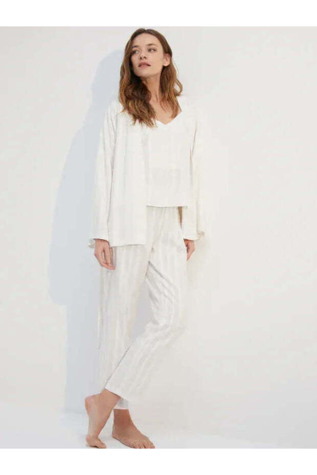 Striped Dressing Gown, Bustier Pants, Pajama Set, 3-Piece Set Bjm-1753
