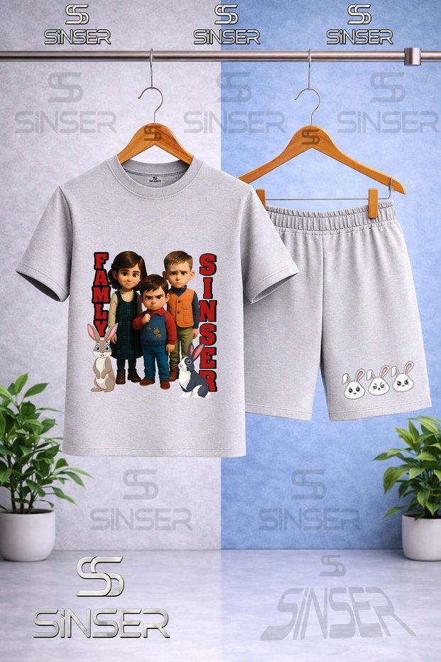 Children's Sinser Yazili Tavsan Printed Crew Neck T-Shirt - Shorts Set