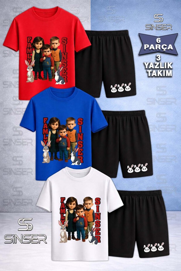 Children's Sinser Yazili Tavsan Printed Crew Neck 3-Piece T-Shirt - Shorts Set