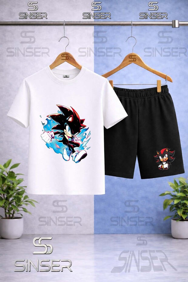 Children's Snic Black Blue Canvas Printed Crew Neck T-Shirt - Shorts Set