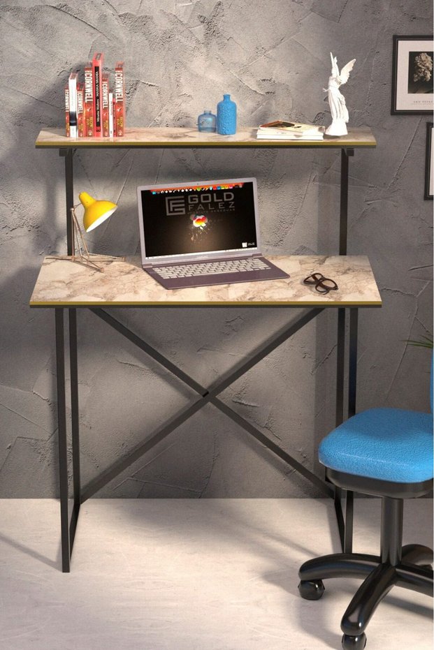 Study table with two floors, marbled white, , pale,