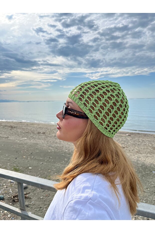 Green Openwork Crochet Beanie Bandana Hat