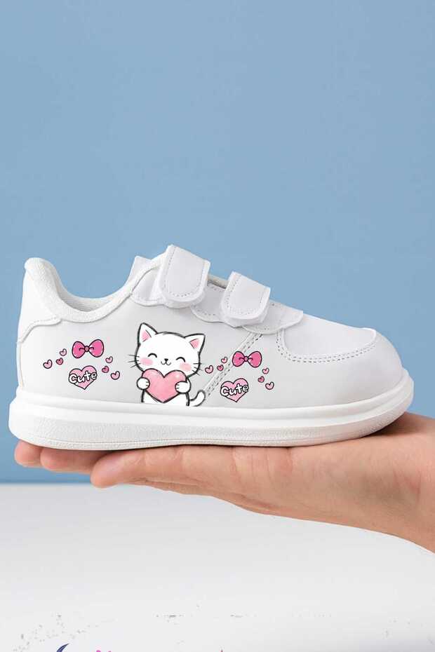 Animated Character Printed Girls' and Boys' Sports Shoes with Velcro Fasteners and White Sneaker Bands