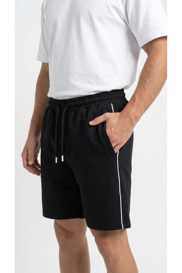 Men's Black Shorts with Side Piping Detail, Front Zipper Pockets, Back Pocket, Combed Cotton Fabric