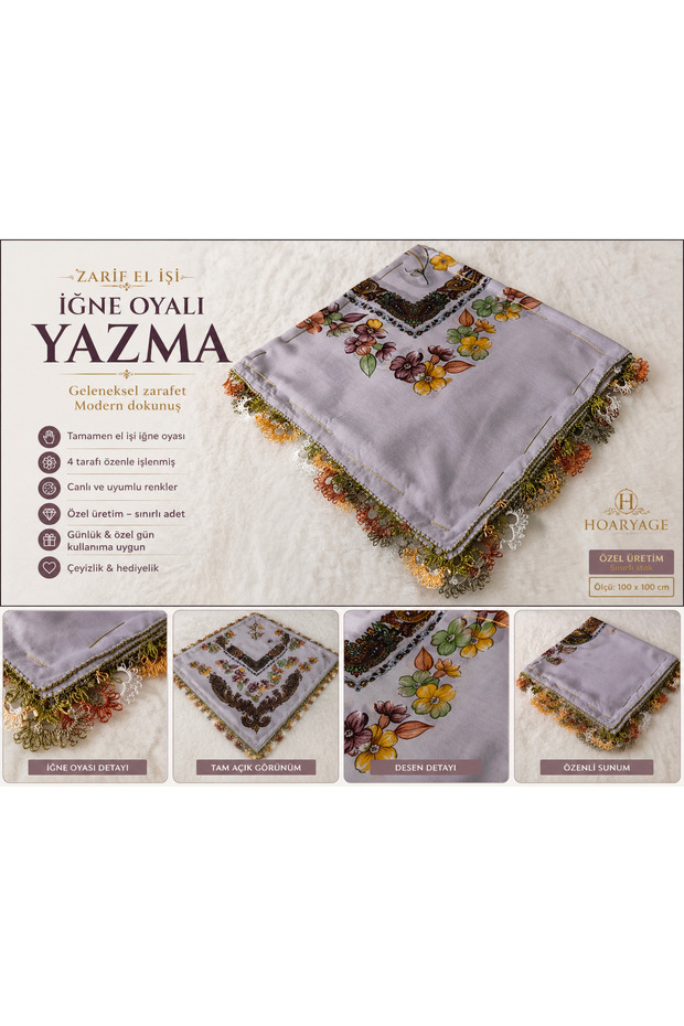 Brand Handcrafted Needle Embroidered Writing 100% Cotton Muslin – 4 Sides Embroidered Elegant Headscarf 100X100 cm