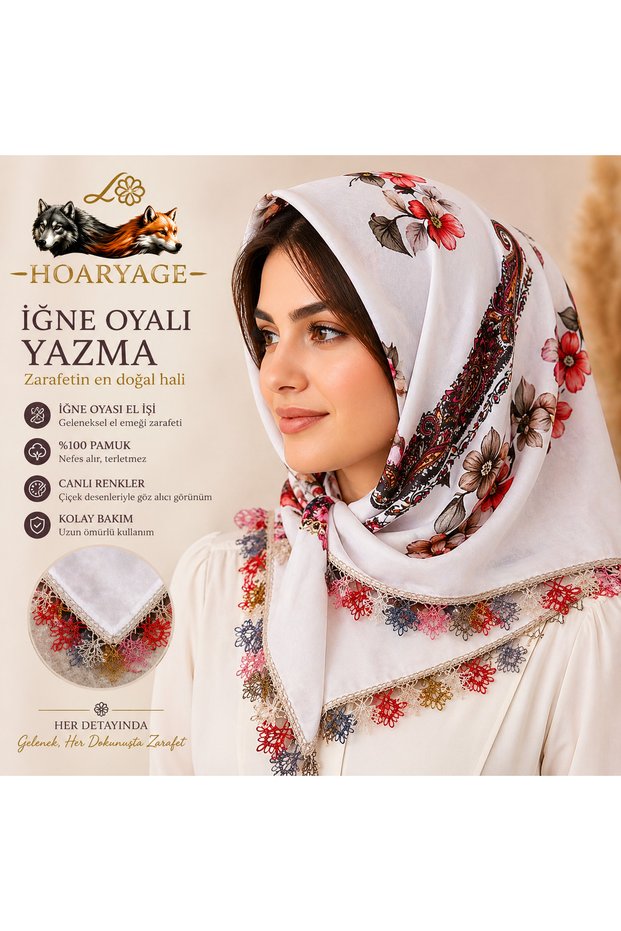 Brand Handcrafted Needle Embroidered Writing 100% Cotton Muslin – 4 Sides Embroidered Elegant Headscarf 100X100 cm