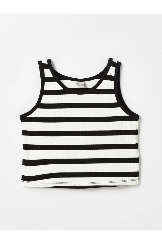 Lcw Kids Black Crew Neck Striped Girls' Crop Tank Top