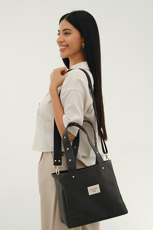 Dark/Black Waxed Canvas with Gold Staple Detail & Strap with Gold Staple Detail (Width:28 Length:25)