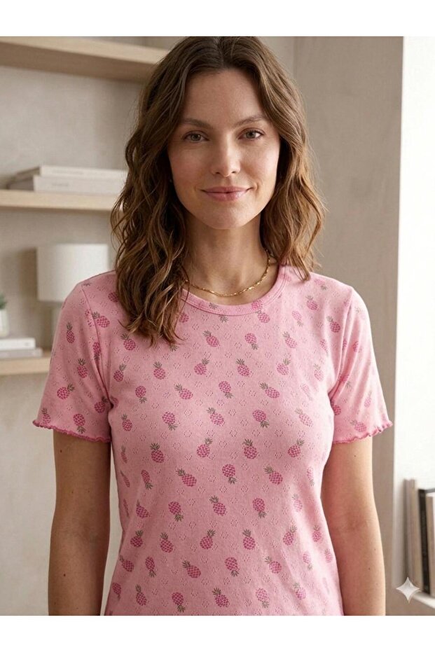 Summer Knitted Patterned Women's Short Sleeve Pajama Set