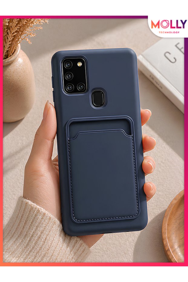 Navy Blue Leo Card Holder Matte Silicone Case for Samsung Galaxy A21S