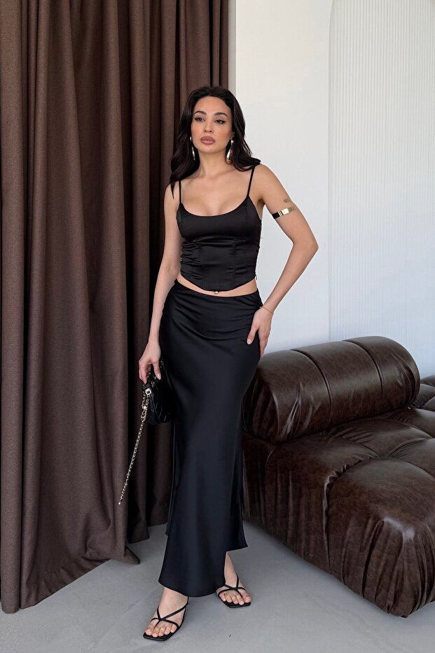 Black Elastic Waist Long Satin Skirt
