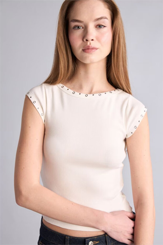 Fitted Kayık Collar Ribbed Camisole Short Sleeve T-Shirt H1193Ax26Sp