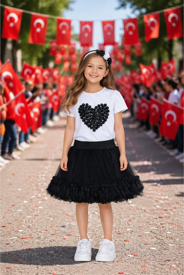 Girl's Heart Detailed Tulle Skirt Set Black and White – Ages 5-13