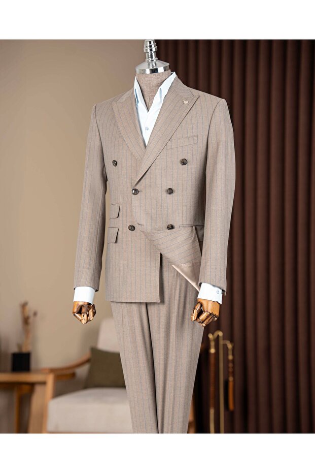 Slim Fit Double-Breasted Pointed Lapel Flap Pocket Striped Men's Suit Mink T20142-26