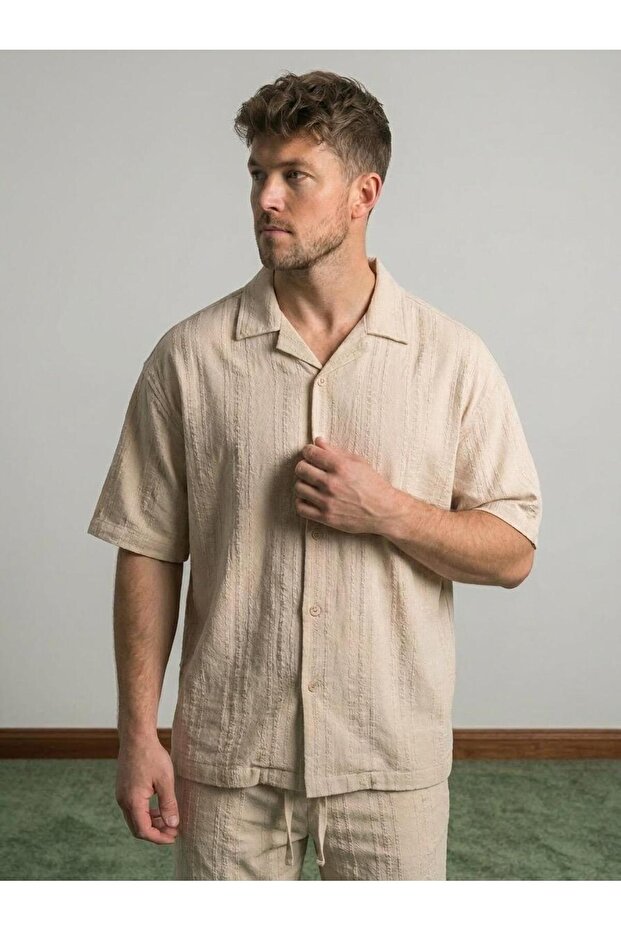 Men's Jacquard 100% Cotton Textured Shirt Shorts Set Beige 3016Dngr