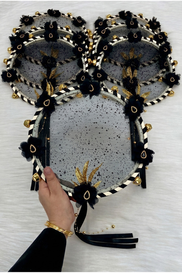 Black Bridal Bridesmaid Tambourine, Glittery Sequins, Shiny Stones and Flower Decorations, Wedding Henna Bride Defi 1 a