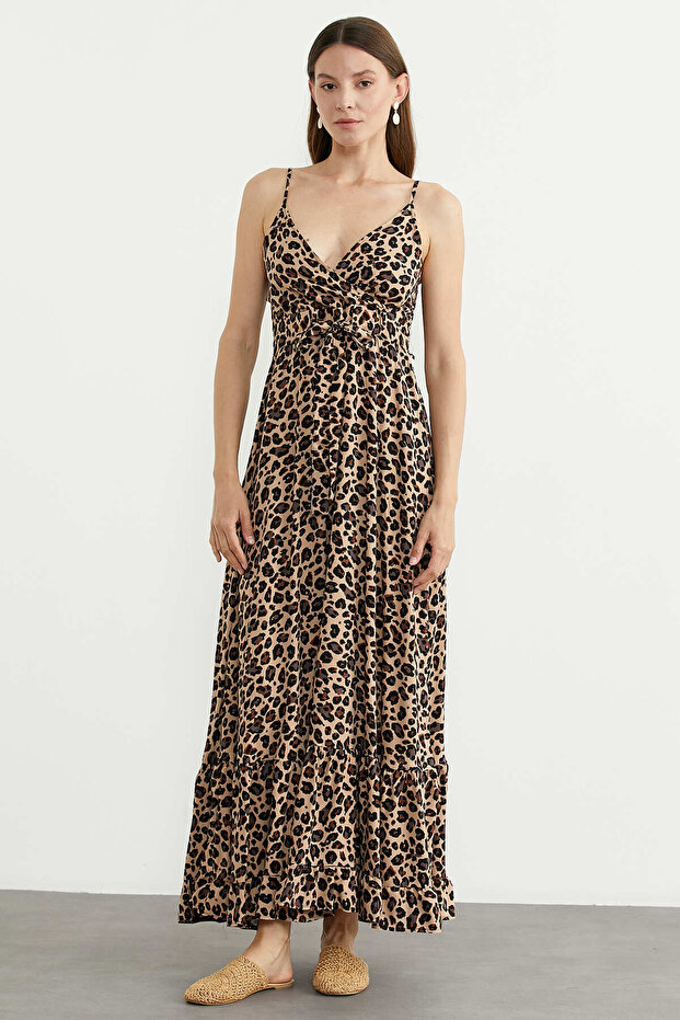 Leopard Patterned Strappy Long Dress - Beige - 1