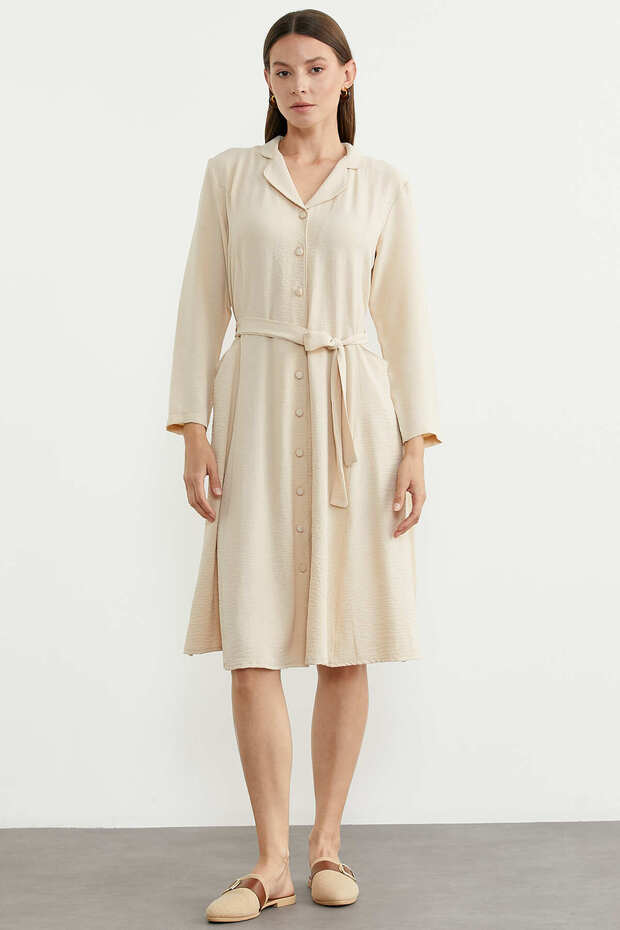 Linen Look Long Sleeve Shirt Dress - Stone
