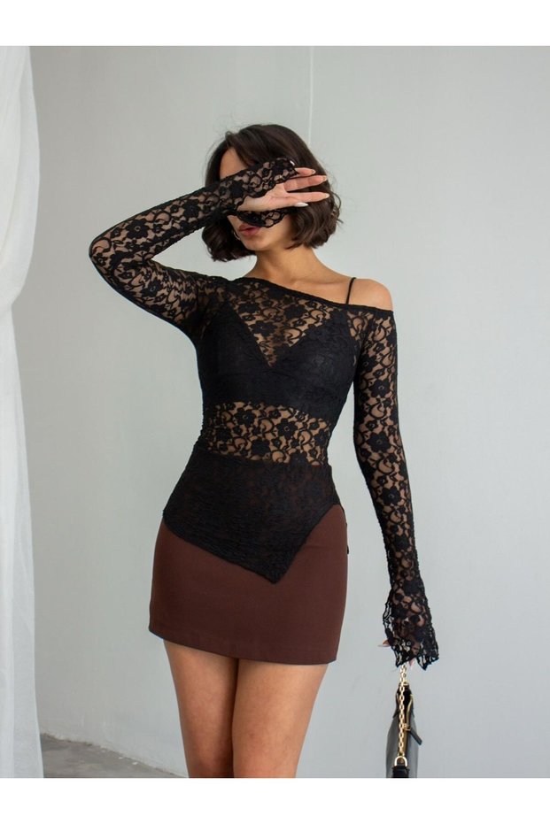 Crep Women's Lace Asymmetrical Body – One-Shoulder Long Sleeve Transparent Blouse Slim Fit