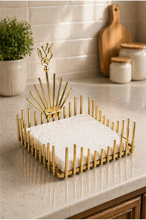 Gold Metal Mirrored Flower Model Luxury Towel Napkin Holder Kitchen Serving Tray Dowry Tableware Organizer Zenith