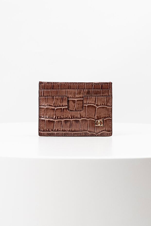 Owpi Crocodile Leather Minimal Unisex Card Holder Brown