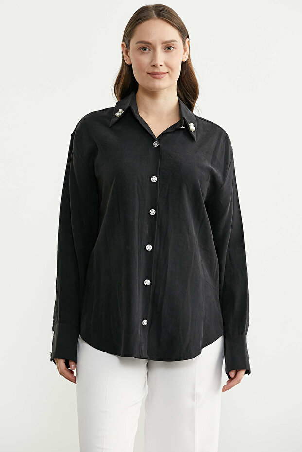 Tencel Pearl Detailed Comfortable Fit Shirt - Black