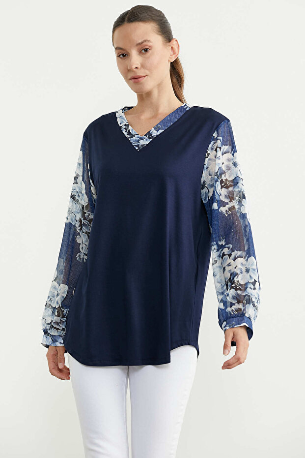 Plus Size Chiffon Combination V-Neck Blouse - Navy Blue - 2
