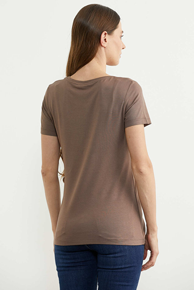Zero Neck Short Sleeve Basic T-Shirt - Brown - 5