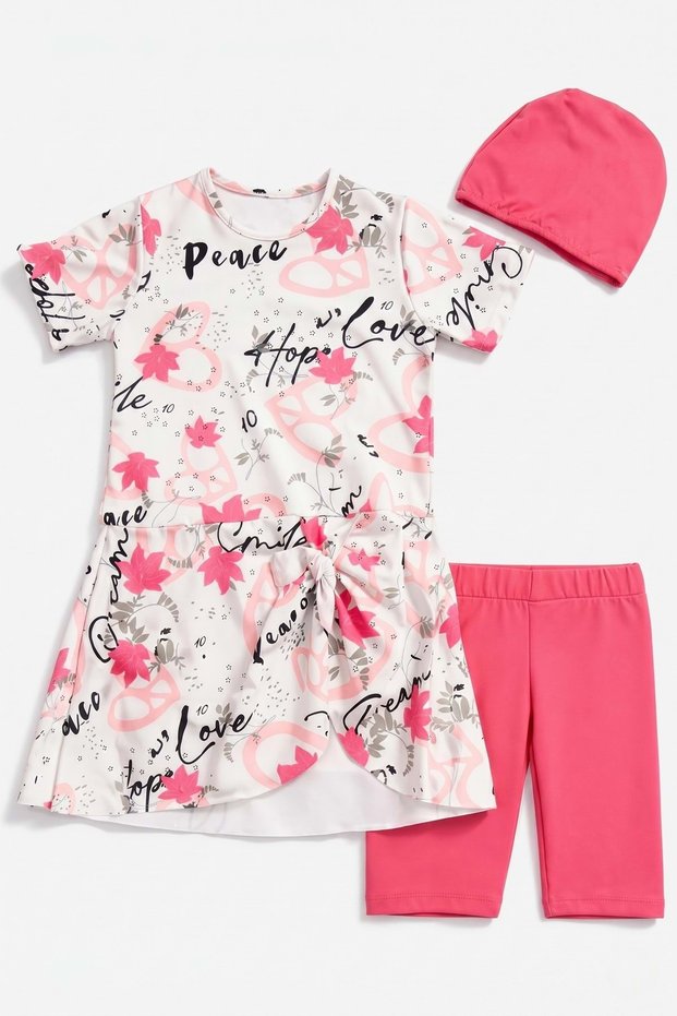 Girl's Patterned Swimsuit Set - Three-Piece Sea and Pool Swimsuit Including Cap and Shorts M00814 White