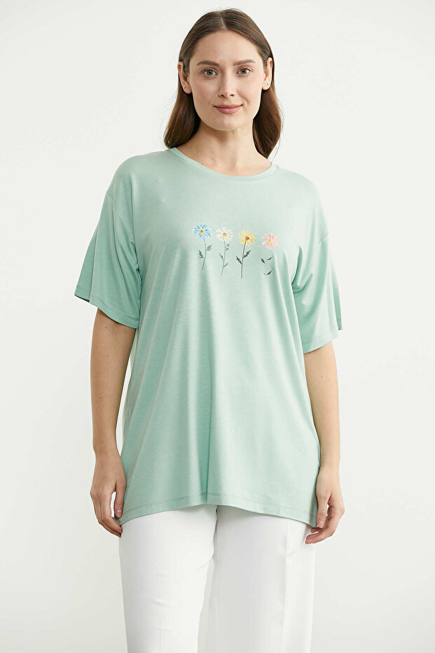 Floral Print Crew Neck T-Shirt - Green