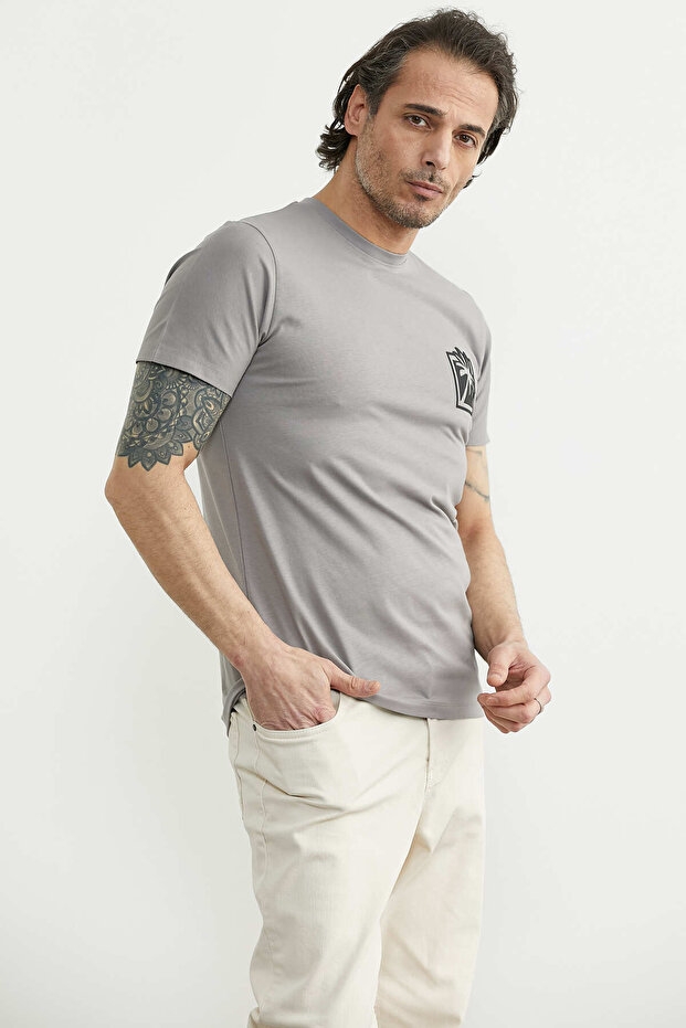 Palm Tree Printed Basic Short Sleeve T-Shirt - Gray - 2