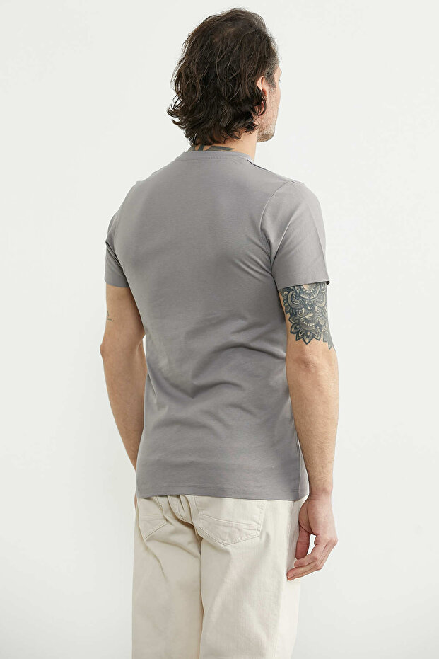 Palm Tree Printed Basic Short Sleeve T-Shirt - Gray - 4