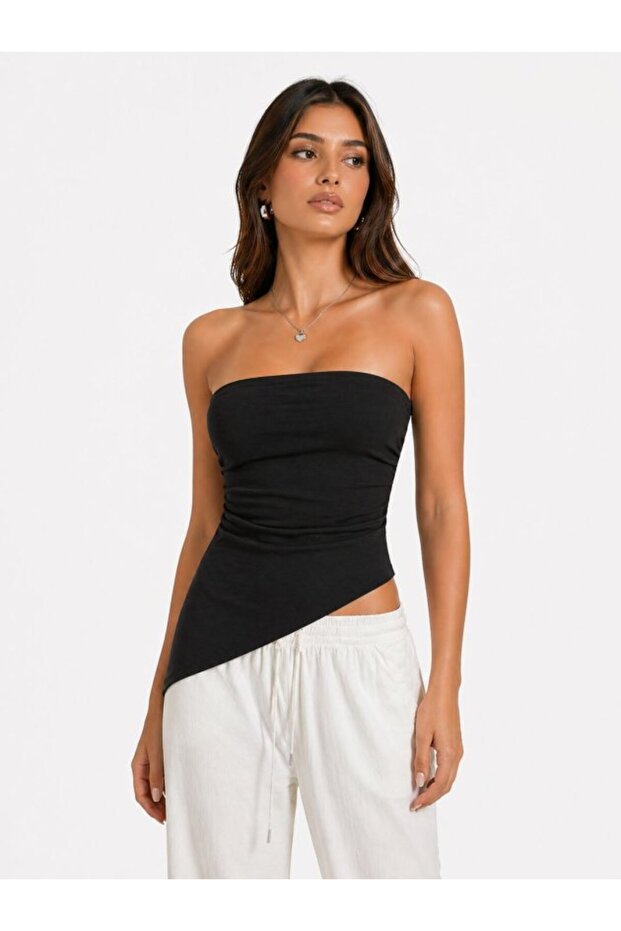 Women's Strapless Collar Viscose Ribbed Fabric Asymmetrical Cut Blouse