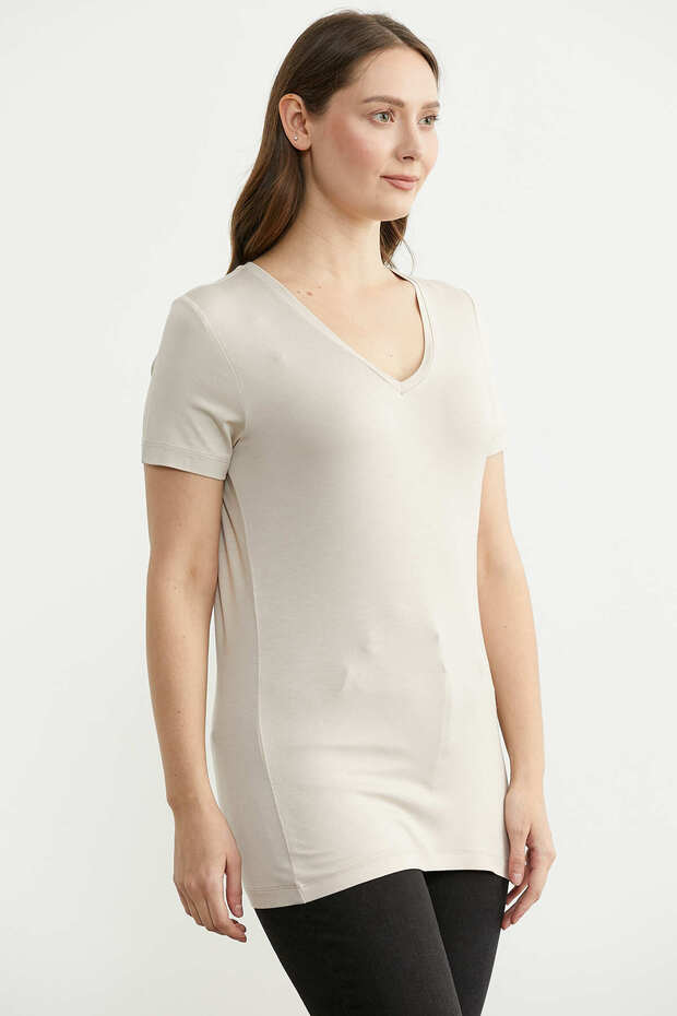 V-Neck Flowy Basic T-Shirt - Stone - 3